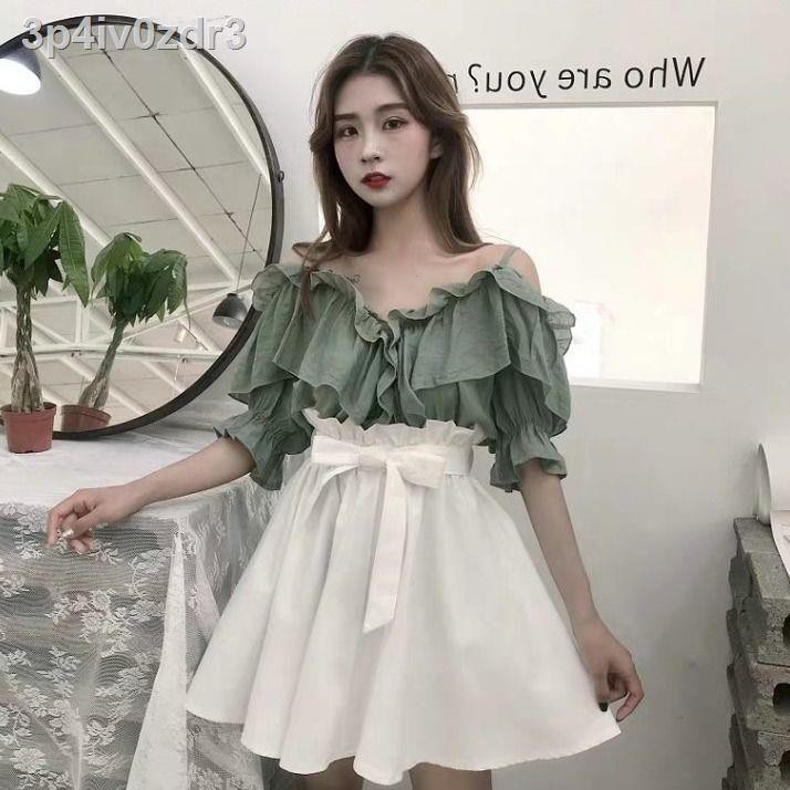 Sweet and Cay suit tinh khiết ham muốn mùa hè net đỏ béo mm che thịt phù hợp nữ lá sen - váy hai dây áo trễ vai