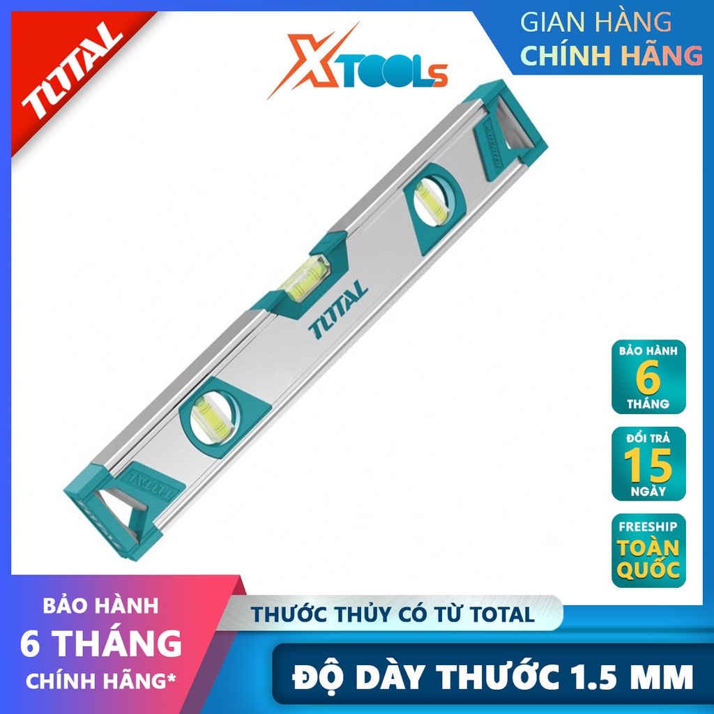 Thước thủy có tử TOTAL | thước thủy nam châm 2 nam châm mạnh mẽ, Chiều dài 40cm-150cm, Độ dày thanh nhôm 1.5mm, Trọng lư