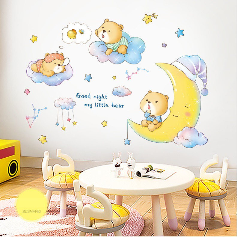 Decal dán tường Gấu ngồi trên cung trăng