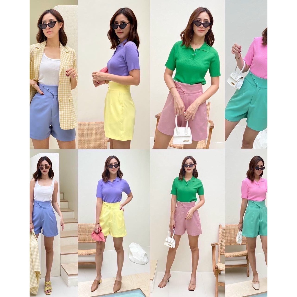 Phom đẹp- Sét Áo thun nữ ngắn tay cố bẻ chất borip và quần shorts 4 màu phom cực đẹp
