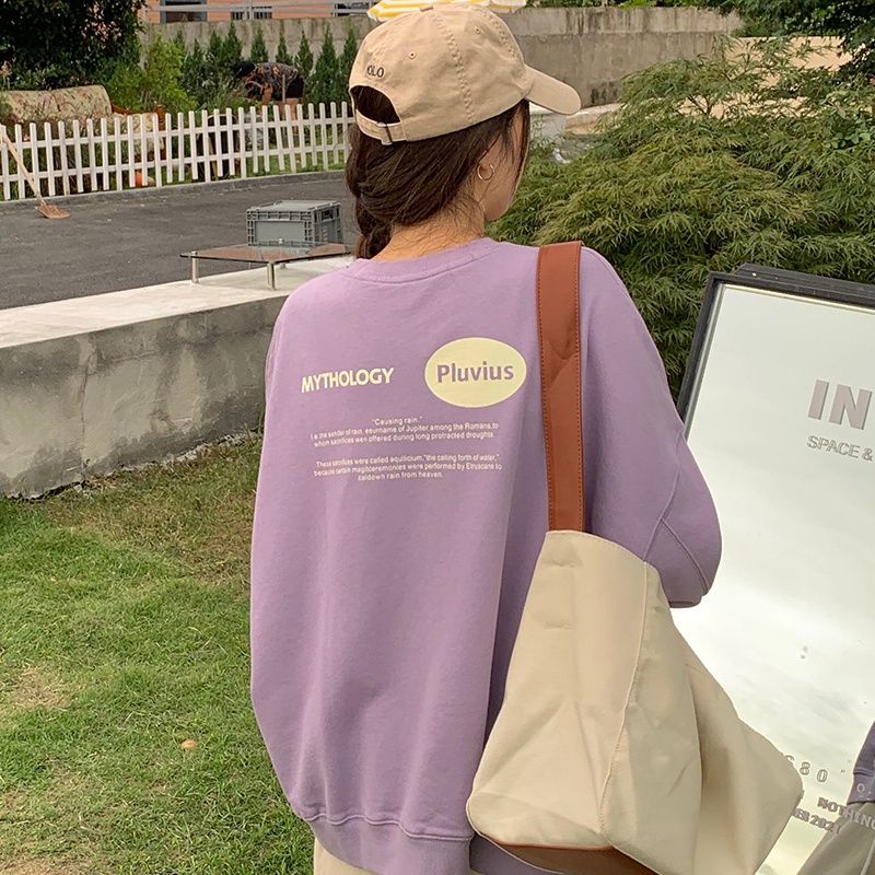 Áo nỉ dài tay cổ tròn dáng rộng in chữ phong cách Hàn Quốc mới