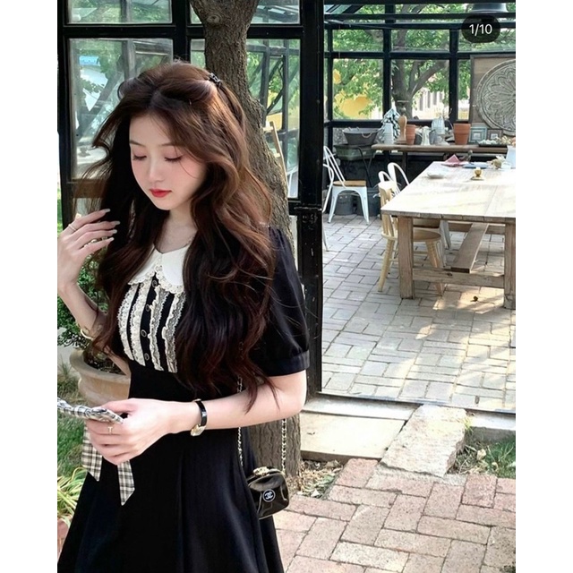 ĐẦM ĐEN CỔ SEN VIỀN TRẮNG