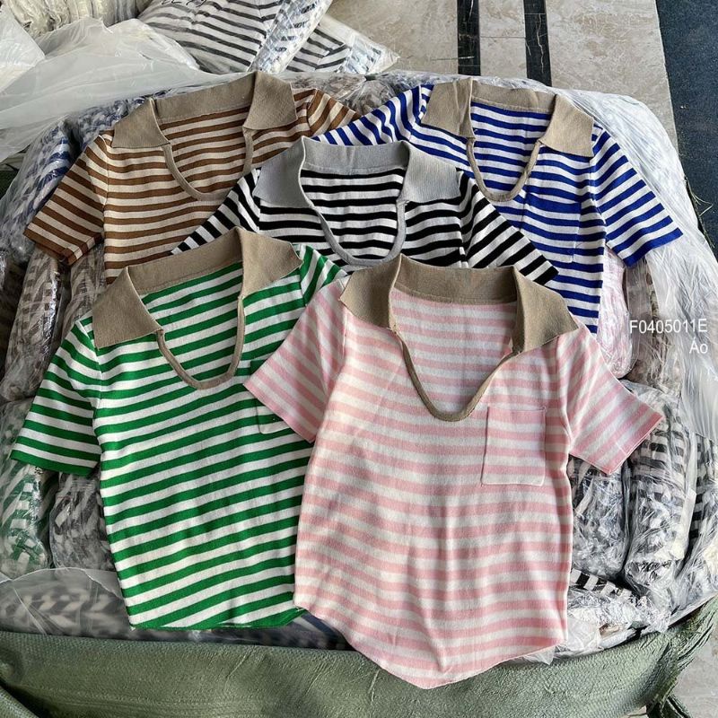 Áo len sọc cổ bẻ xẻ U một túi tay ngắn hàng Quảng Châu 0405