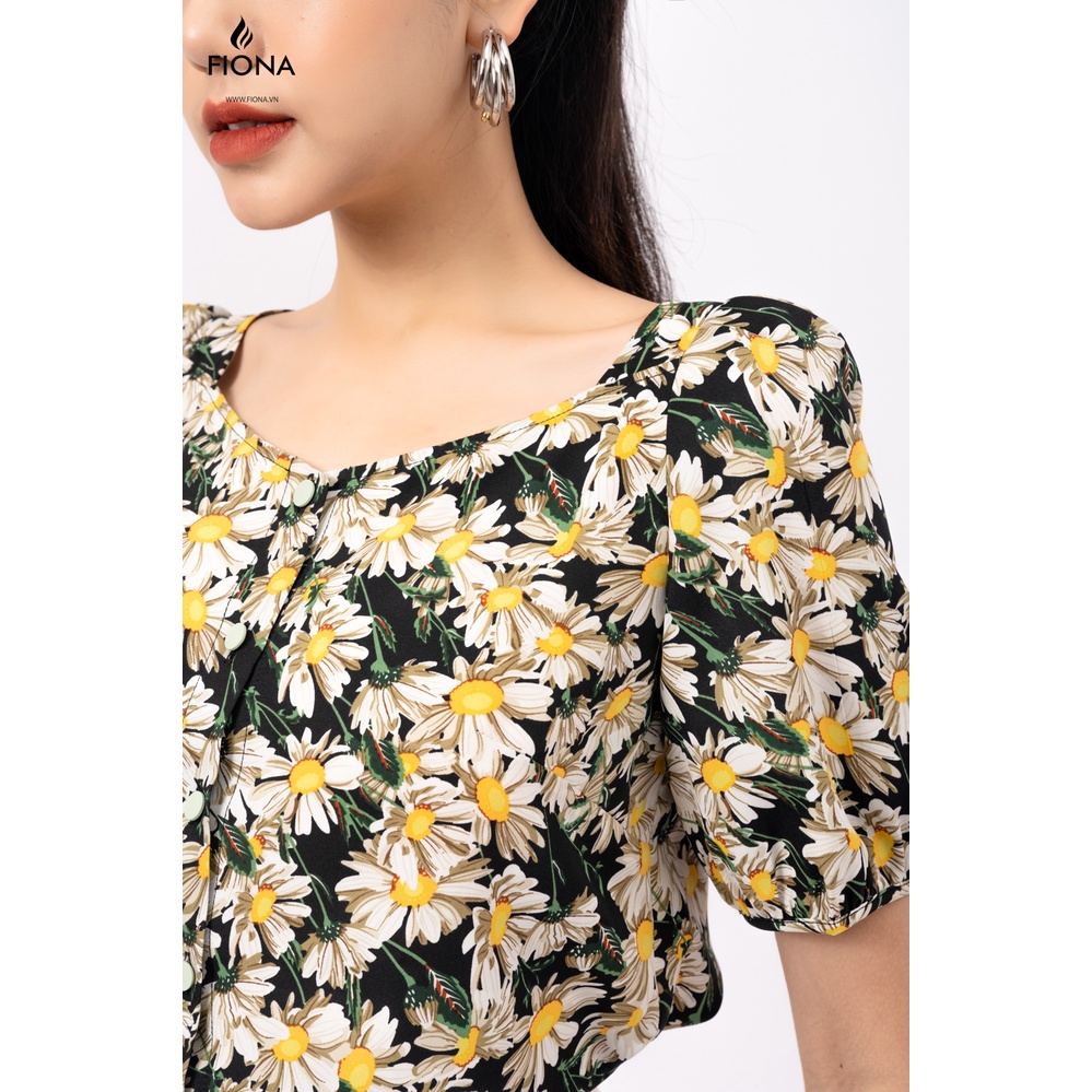 Áo sơ mi nữ FIONA sơ mi nữ công sở thiết kế cao cấp tay bồng họa tiết cúc họa mi trẻ trung F551159