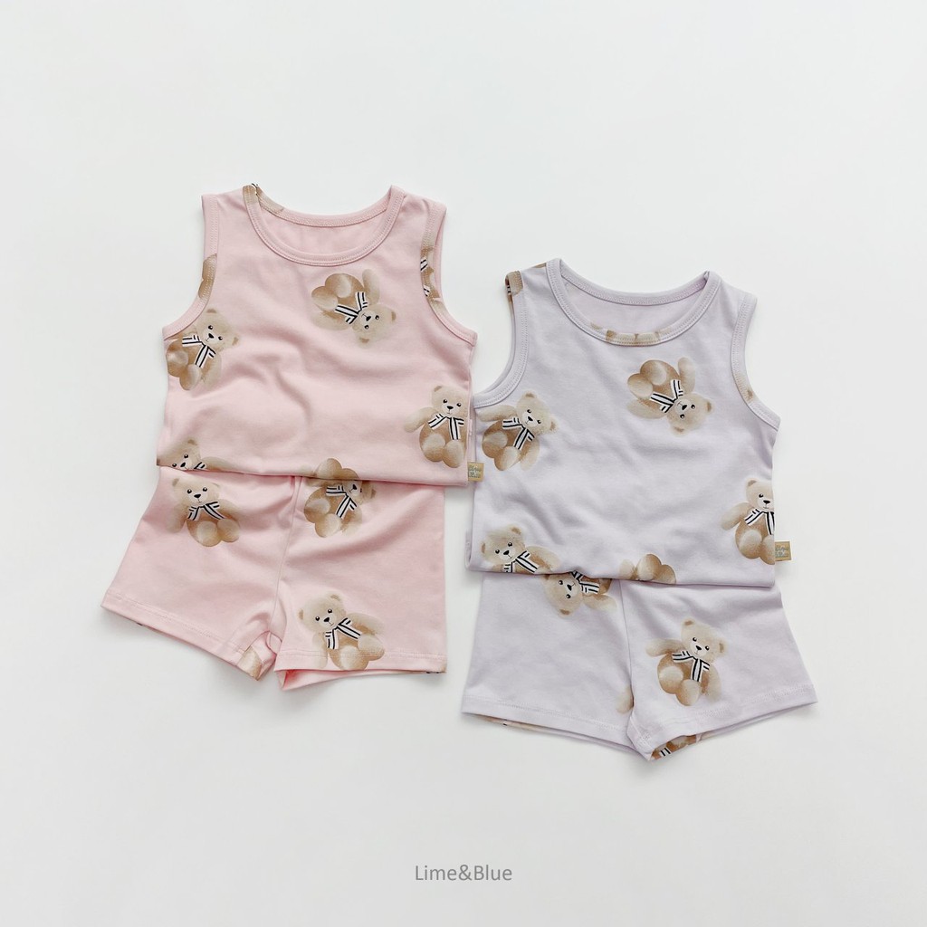 Bộ ba lỗ gấu Teddy quần áo trẻ em Hàn Quốc cao cấp Lime & Blue