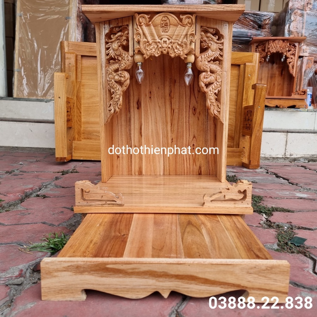 Bàn thờ thần tài ông địa gỗ xoan ngang 35 cm mẫu mới