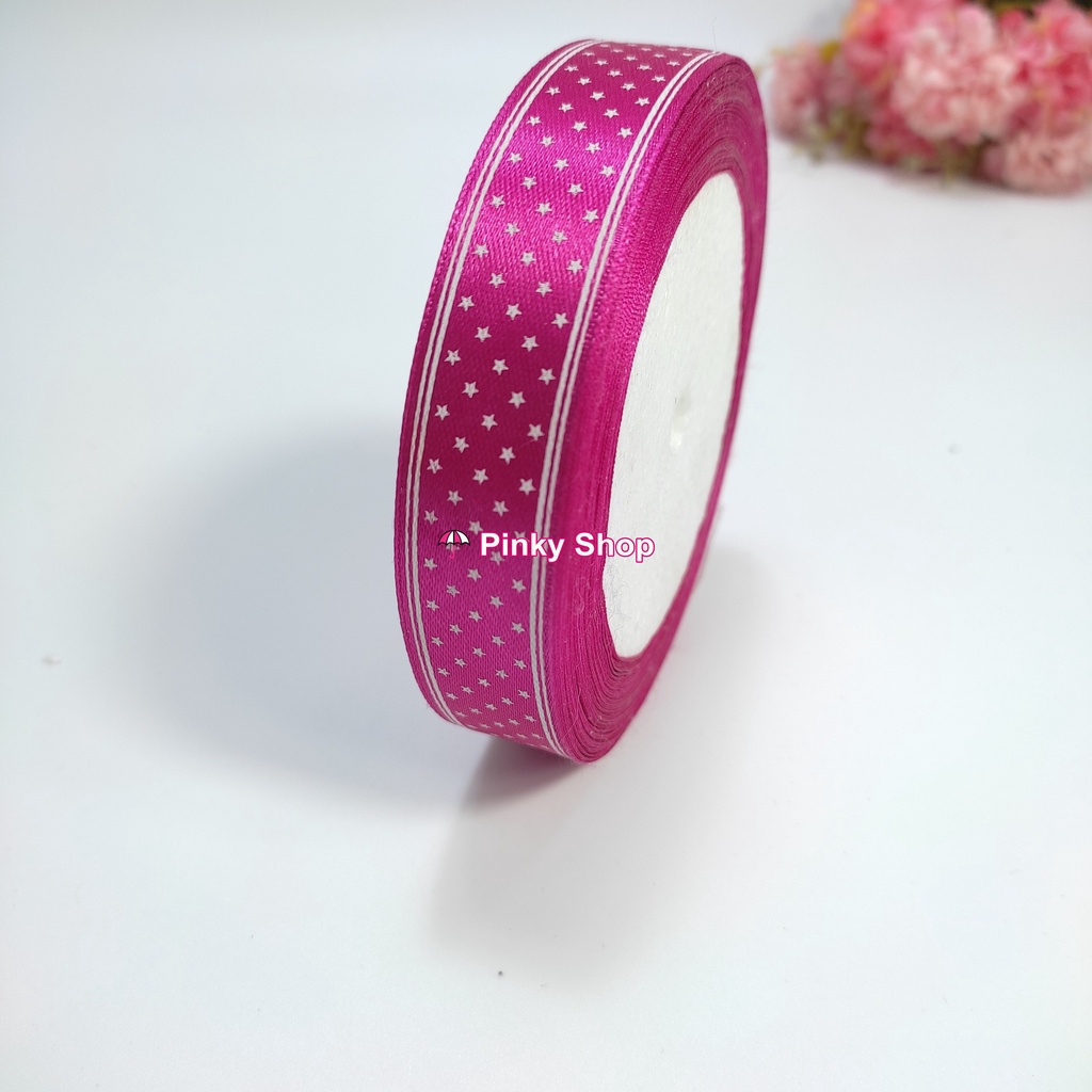 Ruy băng lụa vải satin 2cm họa tiết ngôi sao cuộn 20m dùng làm nơ, gói quà, bó hoa phụ kiện handmade Pinky Shop