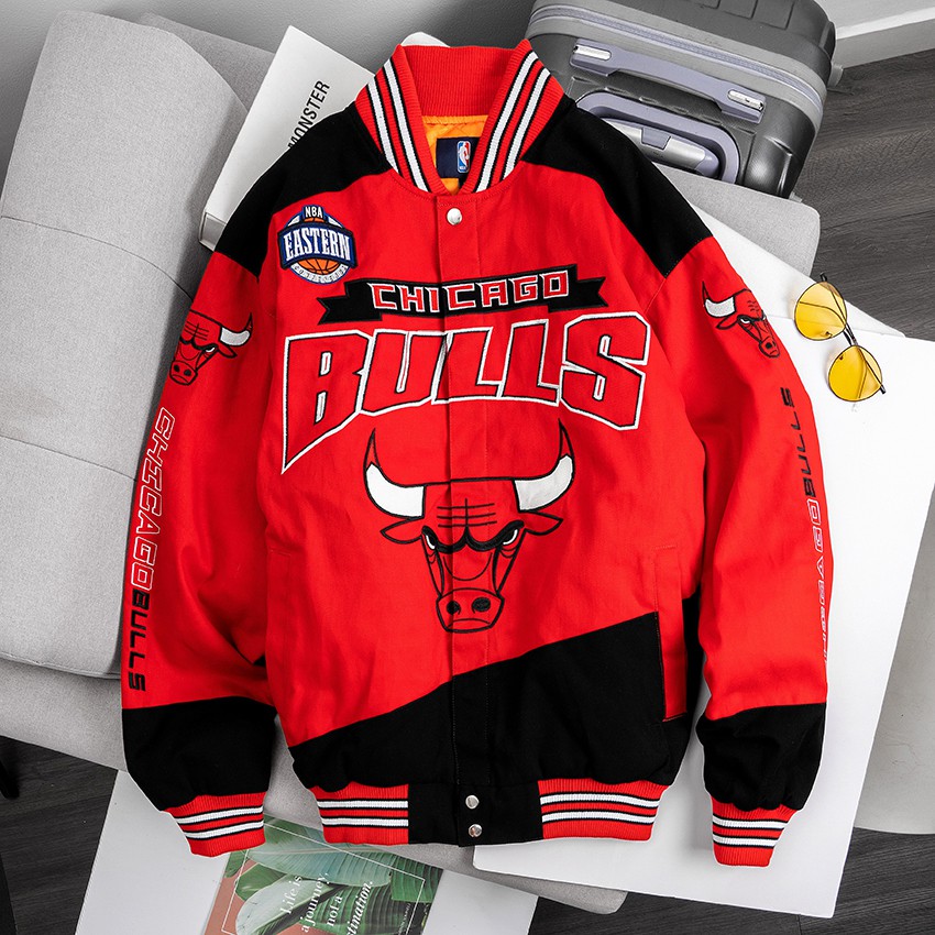 [JK892] Áo Khoác Bomber Bóng Chày Kaki NBA Bulls - Áo Varsity NBA Eastern Chicago Bulls Red -Chính h