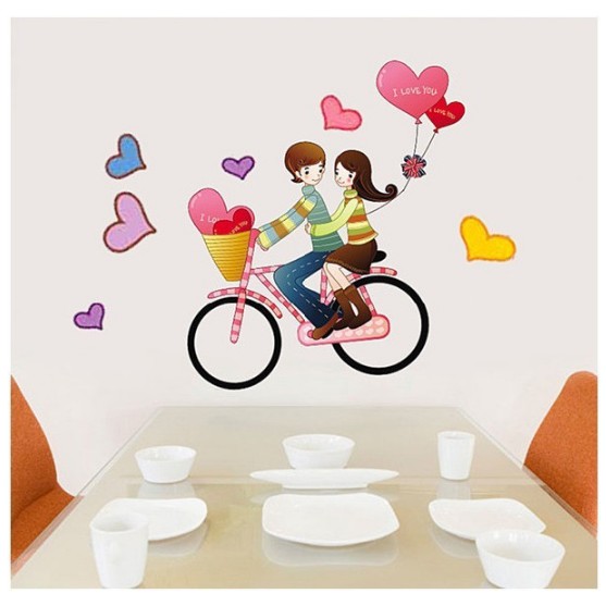 Decal trang trí tường - Đôi tình nhân Chạy Xe đạp Tình Yêu