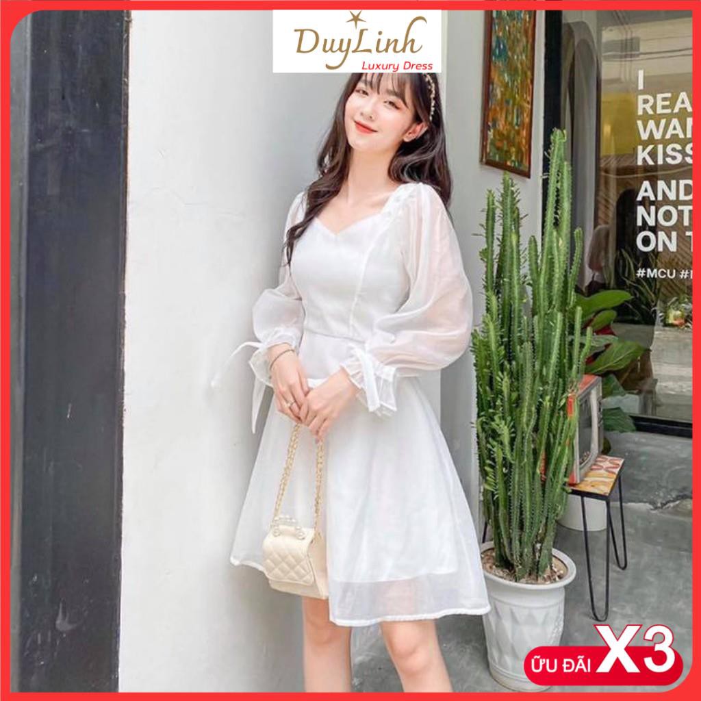 Đầm trắng dáng xòe cổ vuông phối nút bọc tay nơ [KÈM ẢNH THẬT]
