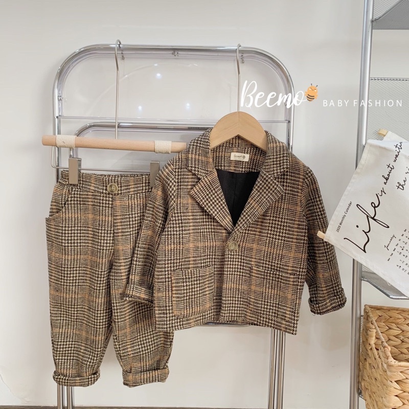 set vest dạ kẻ màu nâu Tây