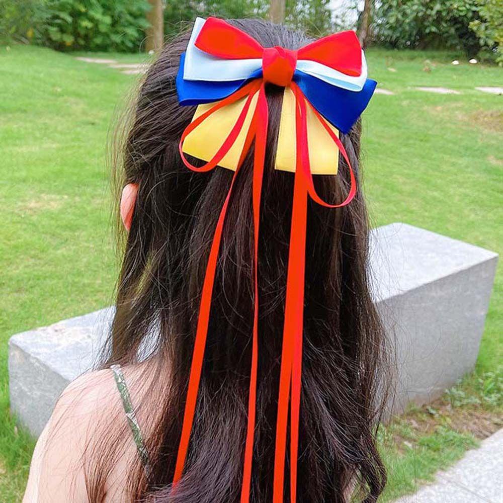 Kẹp Tóc Nơ Ruy Băng Bằng Satin Màu Xanh Dương / Vàng / Đỏ Ngọt Ngào