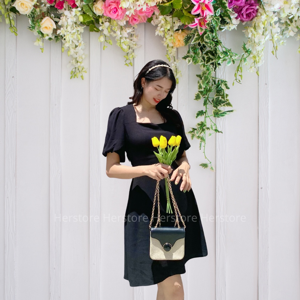 ĐẦM THIẾT KẾ DÁNG XÒE THẮT NƠ CỔ VUÔNG-HERSTORE