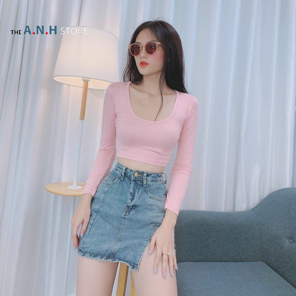 Áo thun nữ Croptop tay dài cổ vuông, phom ôm, chất cotton ANHSTORE , phong cách Hàn Quốc