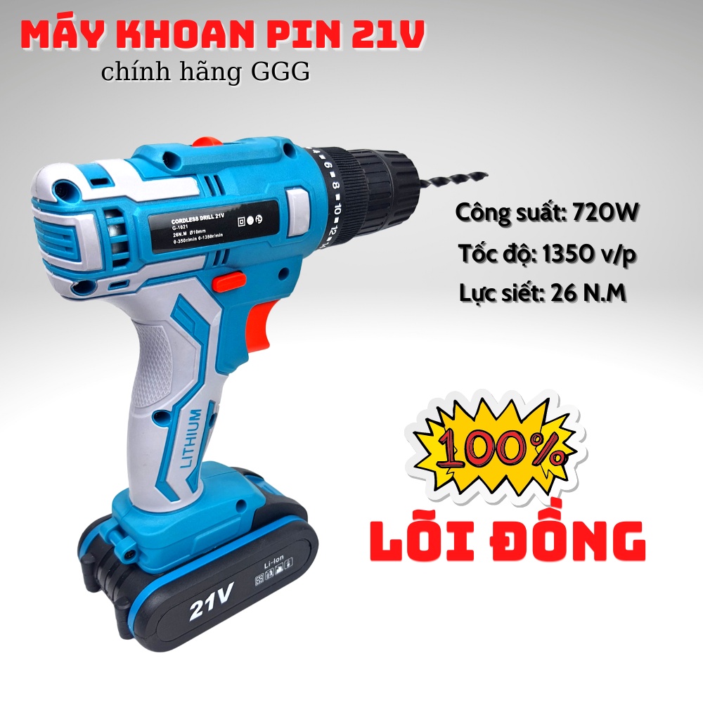G1021 Máy khoan pin 21V công nghệ Thái Lan, công suất 720w, đèn LED siêu sáng |Tặng kèm bộ phụ kiện 25 chi tiết
