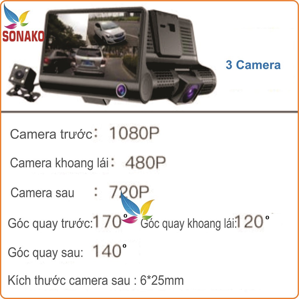 [Tặng Thẻ 32GB] Camera Hành Trình Ô Tô 3 Góc Rộng Full HD- Sonako | BigBuy360 - bigbuy360.vn