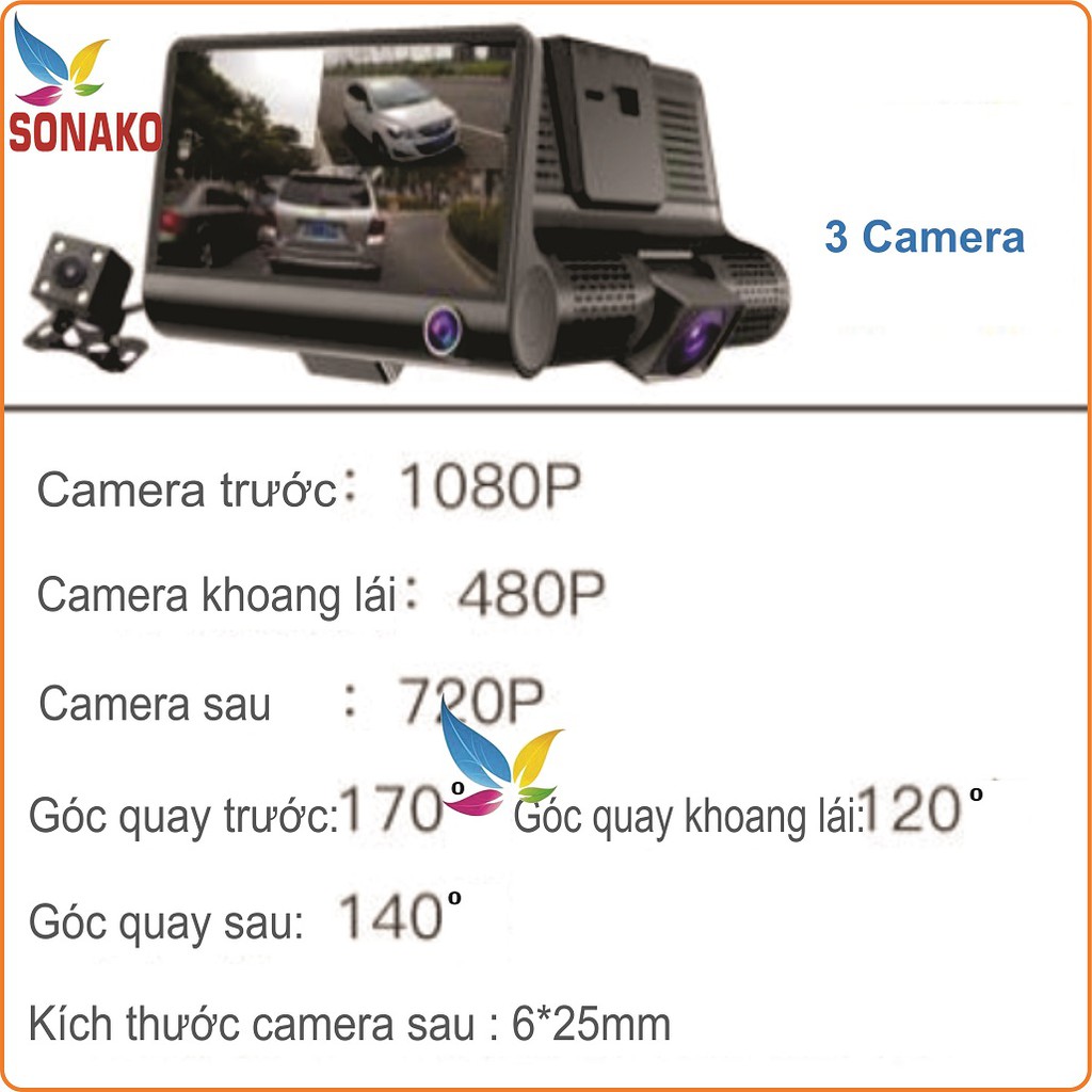 [FREESHIP 99K]_[Tặng Thẻ Nhớ 32GB] Camera Hành Trình Ô Tô 3 Mắt Góc Rộng Full HD- Sonako