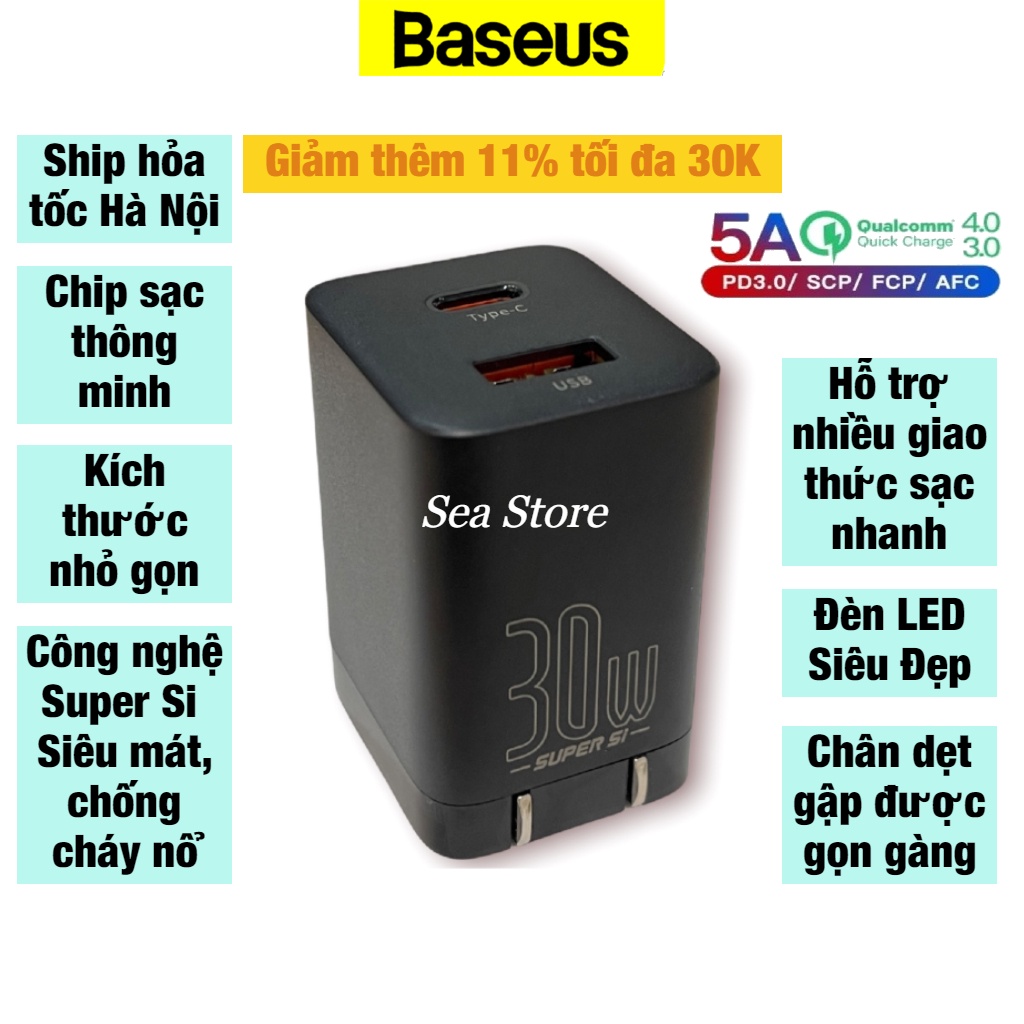 Củ sạc nhanh Baseus 30W - Power Delivery - Quick Charge 3.0 - Hỗ trợ sạc nhanh iP và thiết bị androi