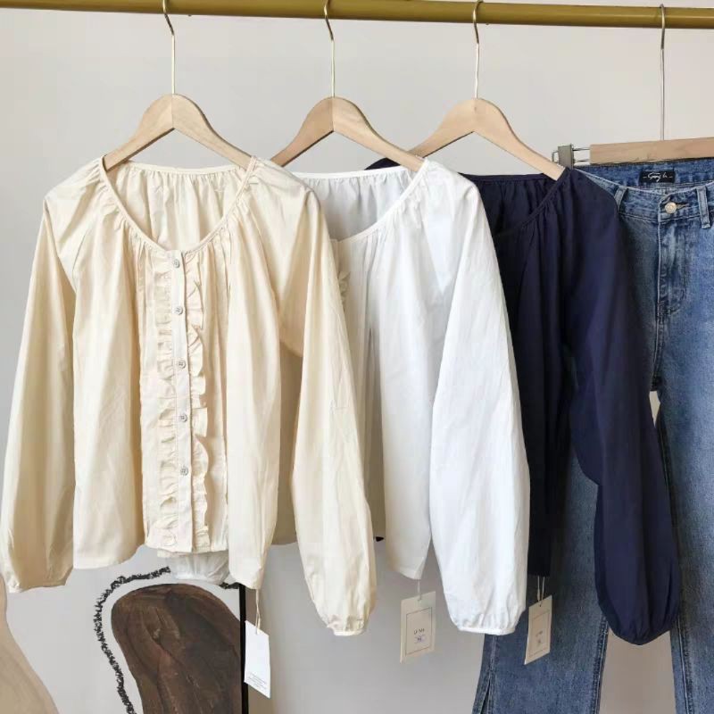 Áo babydoll cổ tròn phối bèo vintage tiểu thư