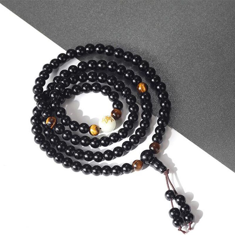 Vòng tay chuỗi 108 hạt đá obsidian màu đen hỗ trợ giấc ngủ tiện dụng