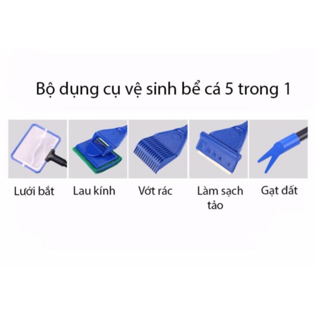 Bộ Dụng Cụ Dọn Hồ Cá 5 Trong 1 (Lưới Vợt, Lau Kính, Vớt Rác, Dao Cạo Tảo, Gạt Đất)