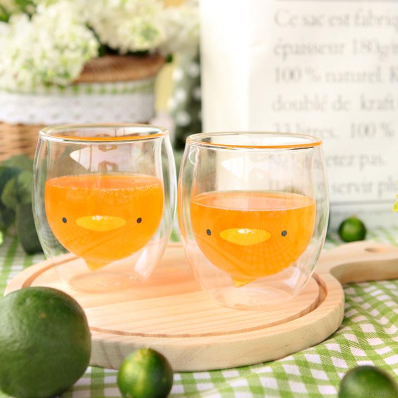 Cốc thủy tinh cách nhiệt thiết kế gấu/ mèo/ vịt dễ thương 250ml