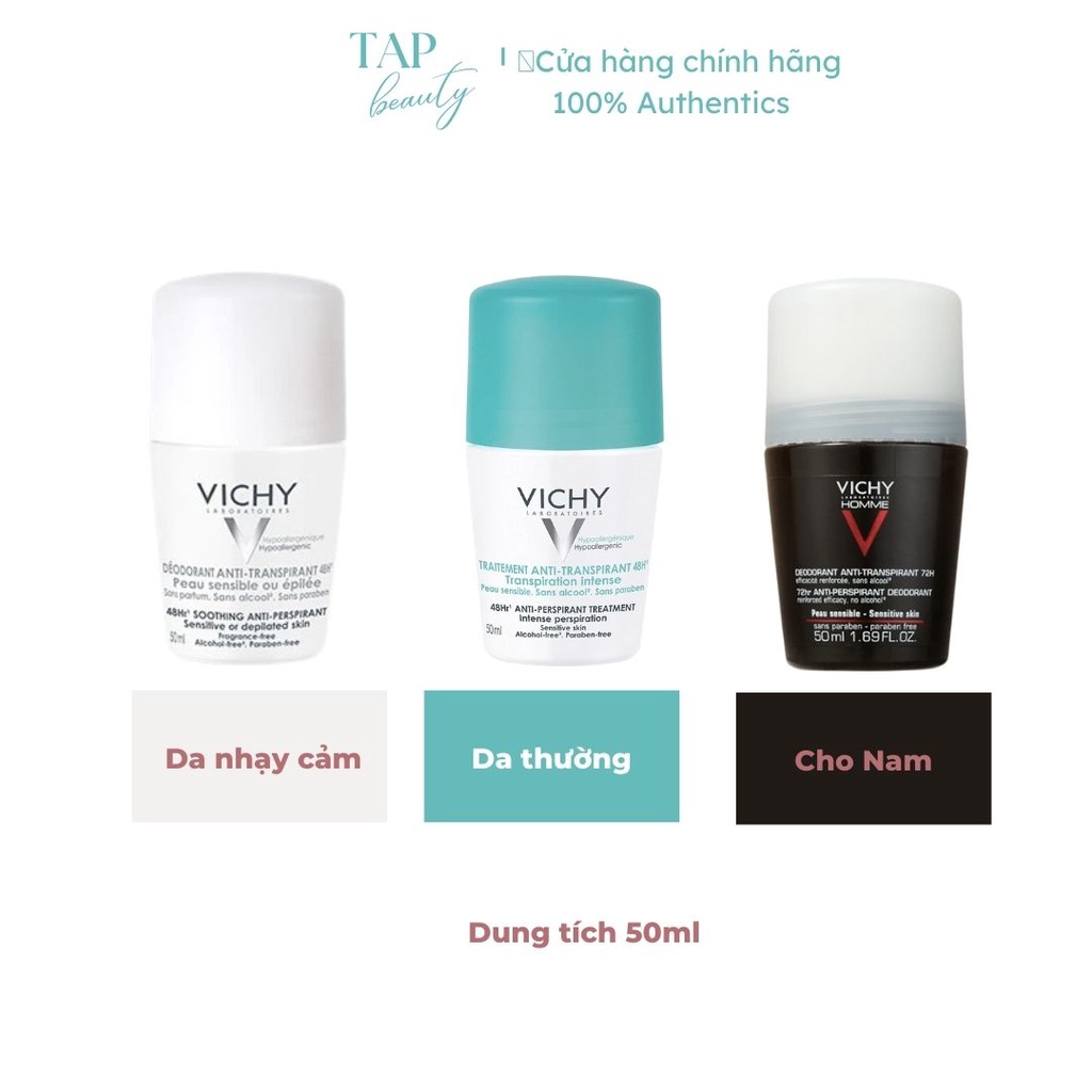 Lăn Khử Mùi Vichy Traitement Anti-Transpirant 48h Giúp Khô Thoáng 48h Cho Da Nhạy Cảm Nắp trắng 50ml