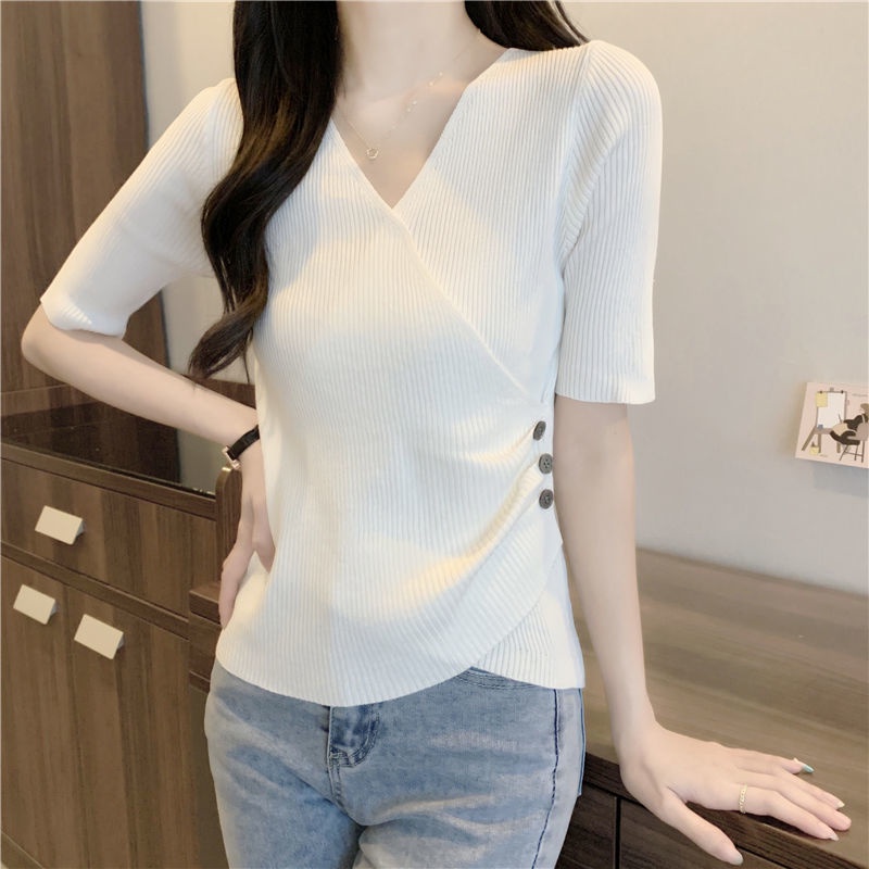 Áo Thun Dệt Kim Tay Ngắn Cổ Chữ v Dáng Ôm Phong Cách Hàn Quốc Thời Trang Cho Nữ Áo phông Nữ TX-98
