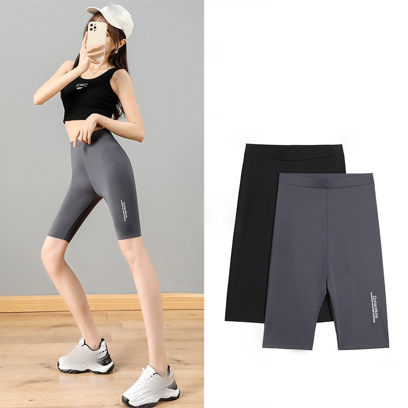 Quần Legging Lụa Mát Màu Trơn Lưng Cao Co Giãn Tốt Không Đường May Họa Tiết Cá Mập Cho Nữ