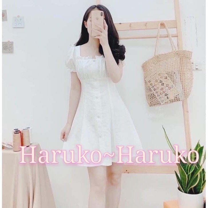 [Ảnh thật/Video] Đầm cổ vuông viền bèo, Đầm váy cúc bọc tay bồng - Haruko Closet