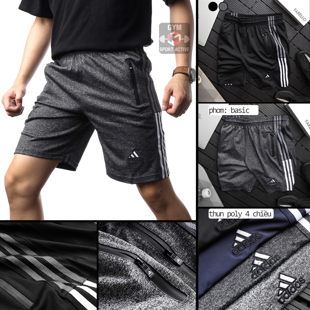 Quần short nam quần đùi thể thao tập gym 3 sọc Adidas thun 4 chiều short gym running ( ảnh , video thực tế )