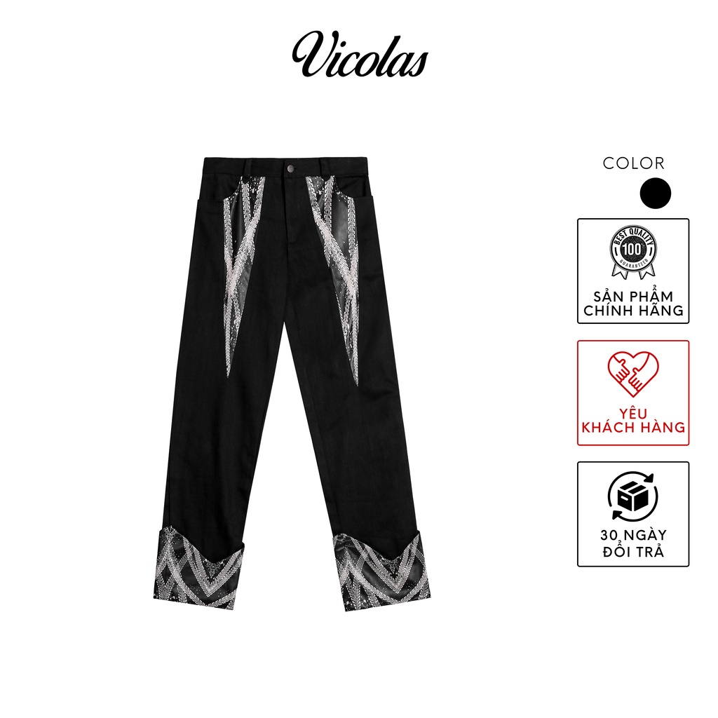 Quần dài denim phối da hoạ tiết &quot;vết xe&quot; VICOLAS WHEEL TRACKS PANTS