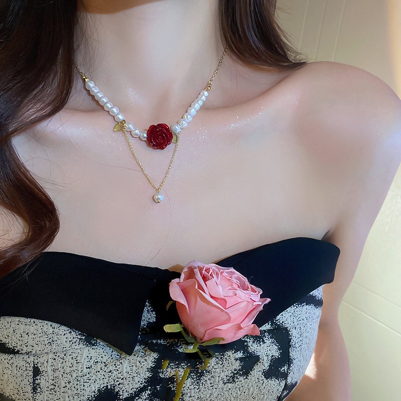 Dây Chuyền Mặt Hoa Hồng Đỏ Đính Ngọc Trai Thời Trang Hàn Quốc Độc Đáo