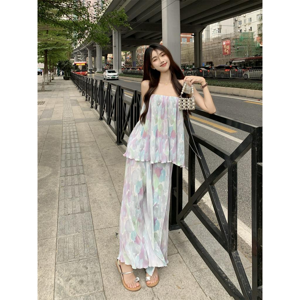 Set Áo chiffon In Họa Tiết Nhiều Màu Sắc + Quần Dài Lưng Cao Xếp Ly Ôm Dáng Thời Trang Cho Nữ