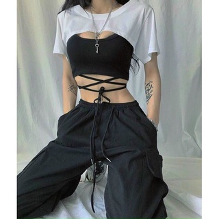 Set áo 2 món croptop phối áo chéo dây eo