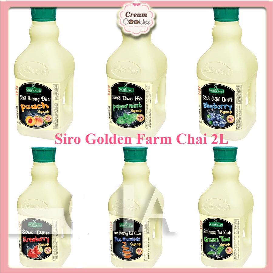 Chai 2L Siro Golden Farm Chai Vani,Đào,DứaDâu,Việt Quất, Dâu, Lựu, Nho, Xoài, Kiwi, Cam, Vani, Curacao, Bạc Hà,chanh,ổi