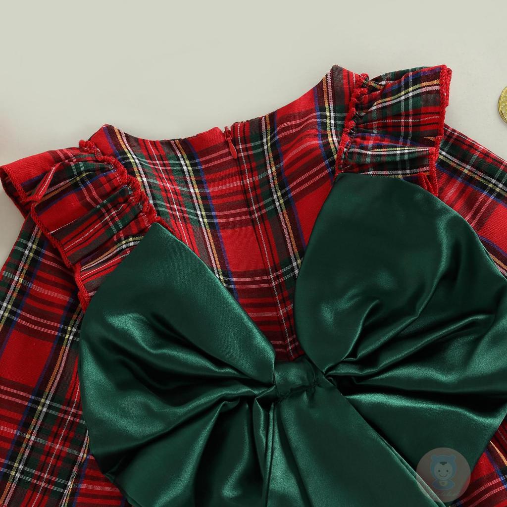 Đầm Chữ A Tay Dài Cổ Tròn Họa Tiết Kẻ Sọc Phối Vải Tuyn Thời Trang Giáng Sinh Cho Bé Gái LAA6