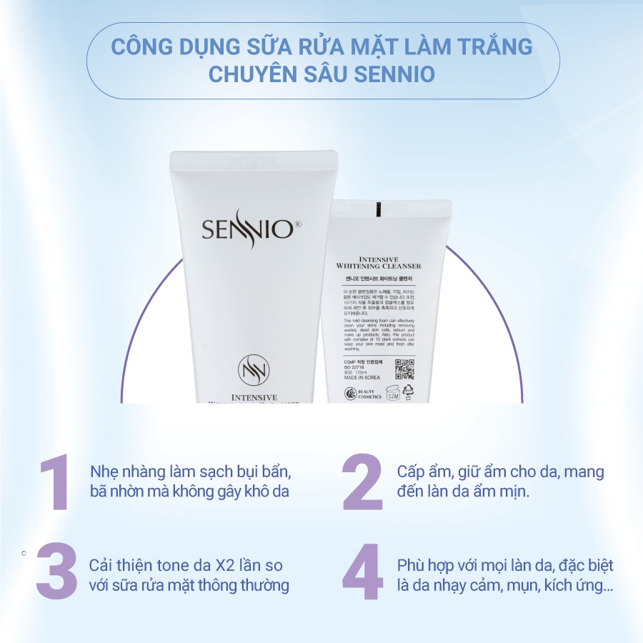 Sữa rửa mặt dưỡng trắng da Sennio Intensive Whitening Cleanser tạo bọt cấp ẩm phù hợp cho da nhạy cảm 120ml SNO 601