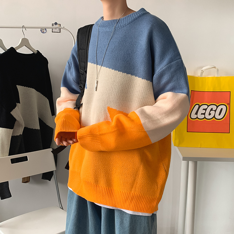 High autumn winter sweater men's and women's Korean versatile crew neck loose and thickened sweater ins Hong Kong fashion color matching T-shirt | BigBuy360 - bigbuy360.vn