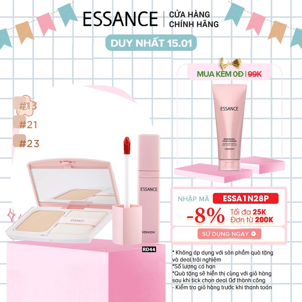 Combo Phấn nền siêu mịn lâu trôi Essance Veil Fit Two Way Cake SPF40/PA++ 7g và Son Kem Soft Lip Liquid 3g màu RD44