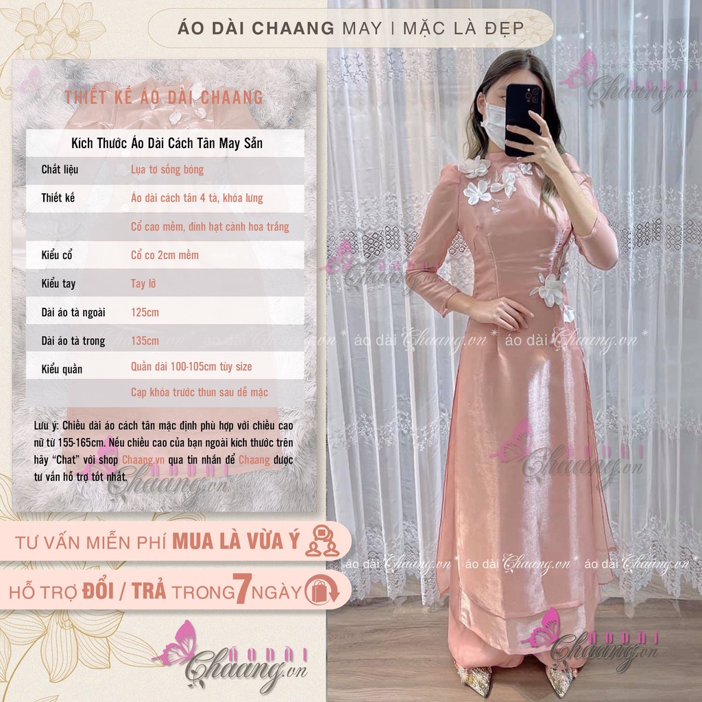 Áo Dài Cách Tân Nữ Cành Hoa Trắng Thiết Kế Thủ Công Tay Bồng Lụa Tơ Hồng 4 Tà Cao Cấp Dự Tiệc Lễ Tết Đẹp