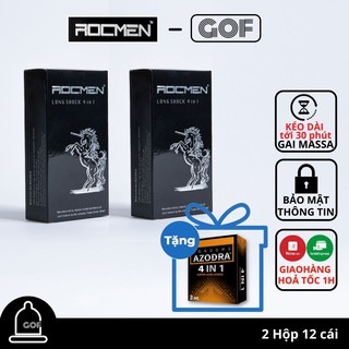 Bộ 2 Bao cao su gai Rocmen đen Long Shock kéo dài thời gian 4 in 1 Hộp 12C bcs Tặng Bao cao su gai Azodra – GoF Store