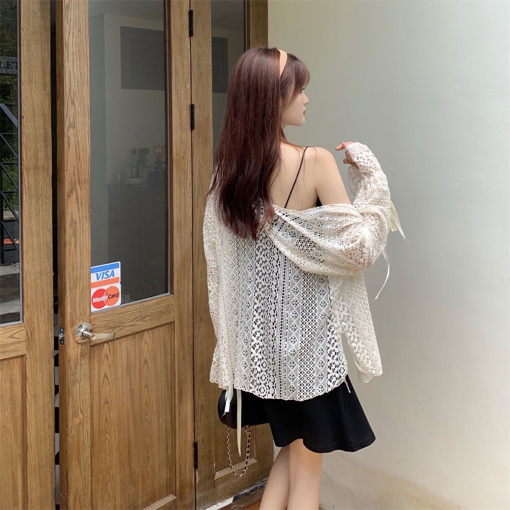 Áo Khoác Cardigan Aimeehouse áo Ren Tay Dài Dáng Rộng Nữ Tính áo ren đi biển sexy