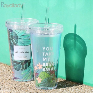 Cốc Nhựa Trong Suốt Hai Lớp Có Nắp Đậy Và Ống Hút Họa Tiết Sáng Tạo