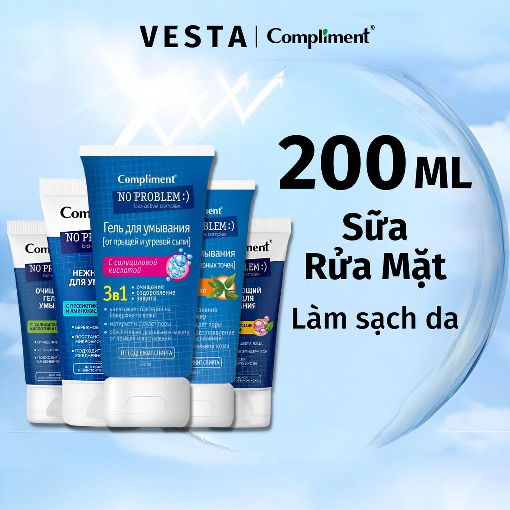 Sữa Rửa Mặt Compliment No Problem AHA BHA PHA Gel SRM Da Dầu Mụn Trắng Sáng Làm Sạch Dưỡng Ẩm Da Khô Giảm Mờ Thâm 200ml