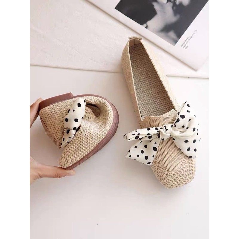 (ORDER) Giày búp bê vải mềm nơ chấm bi BIG SIZE 35-42 - Hàng Quảng Châu