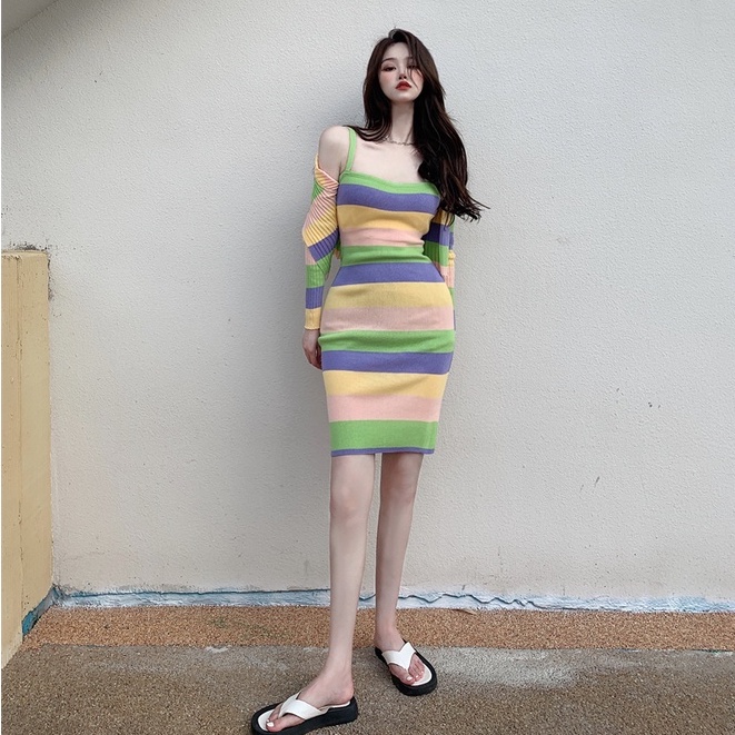 Bộ đầm 2 dây và áo khoác cardigan dệt kim thời trang dành nữ