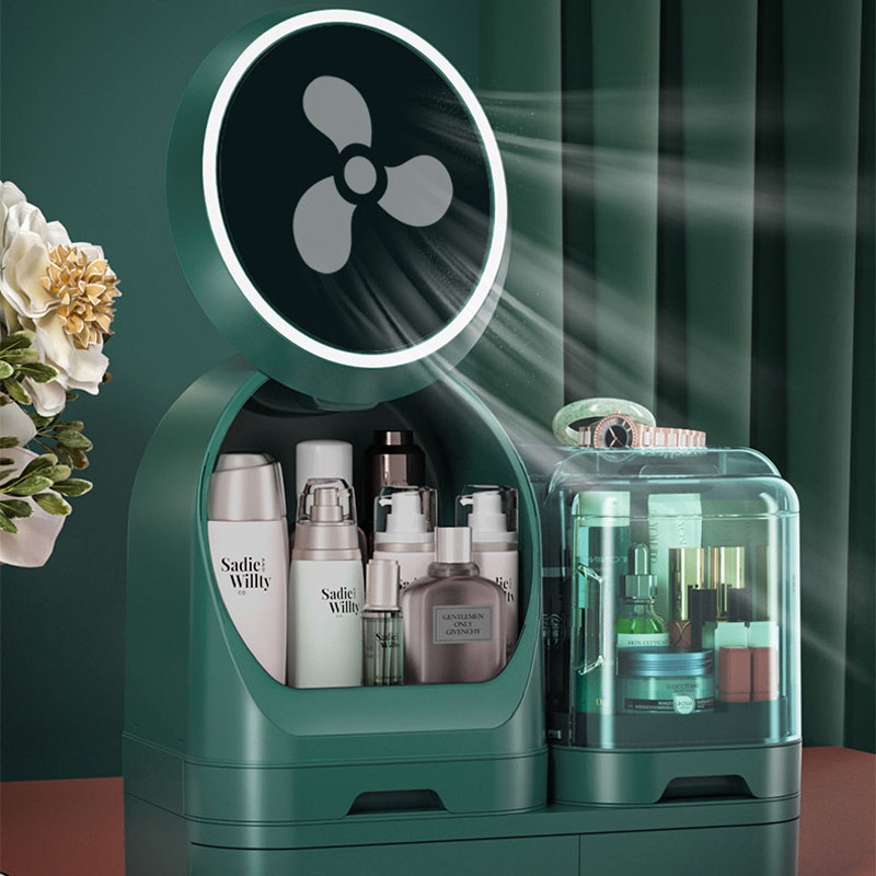 Tủ đựng đồ trang điểm có đèn led có quạt đổi màu, gương xoay 360 độ tủ đựng đồ mỹ phẩm cao cấp tiện lợi NPR19