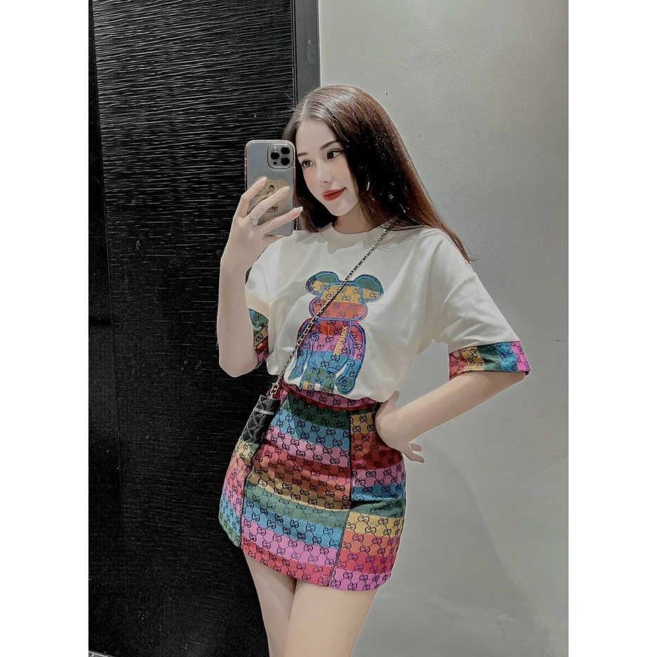 (FREESHIP)Sét thiết kế áo phông thêu gấu tay phối màu cực xinh mix chân váy bố phối màu sang chảnh,hàng chuẩn shop