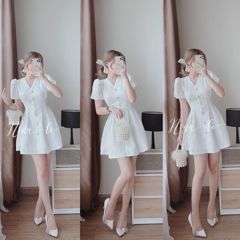 ĐẦM TRẮNG GẤM HOA CỔ V CUTOUT LƯNG